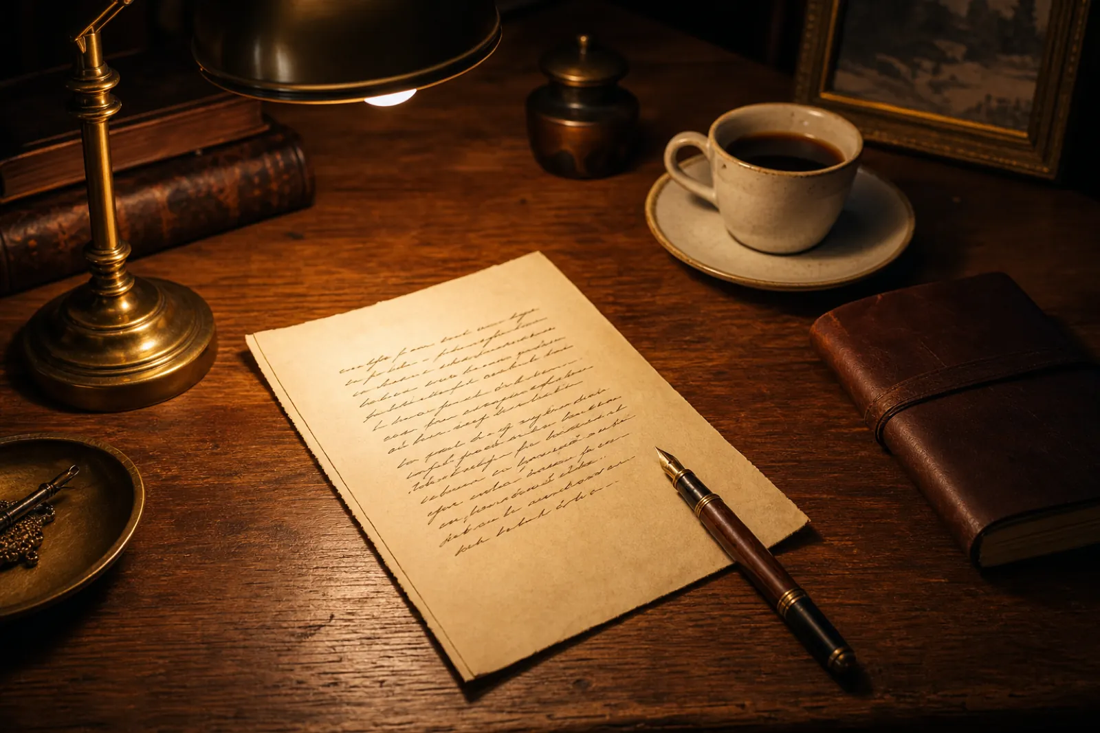 Holzschreibtisch mit handgeschriebenem Brief, Feder, Kaffeetasse und warmer Lampe