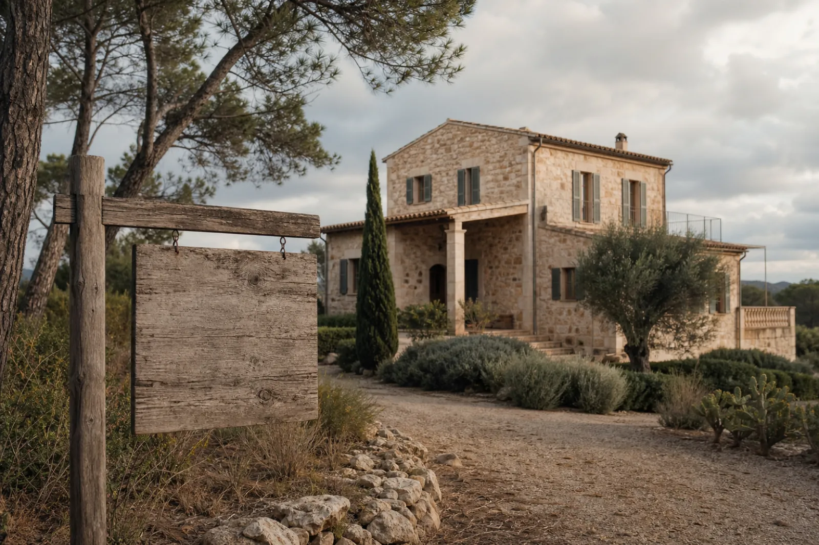 Mallorquinisches Haus mit verwittertem Verkaufsschild nach Monaten am Markt