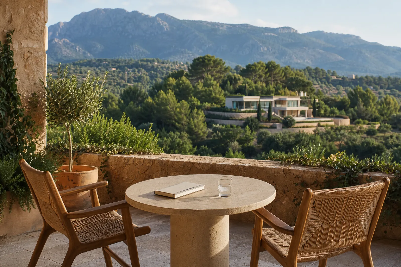 Steinterrasse auf Mallorca mit moderner Neubauvilla in der Ferne zwischen Bergen