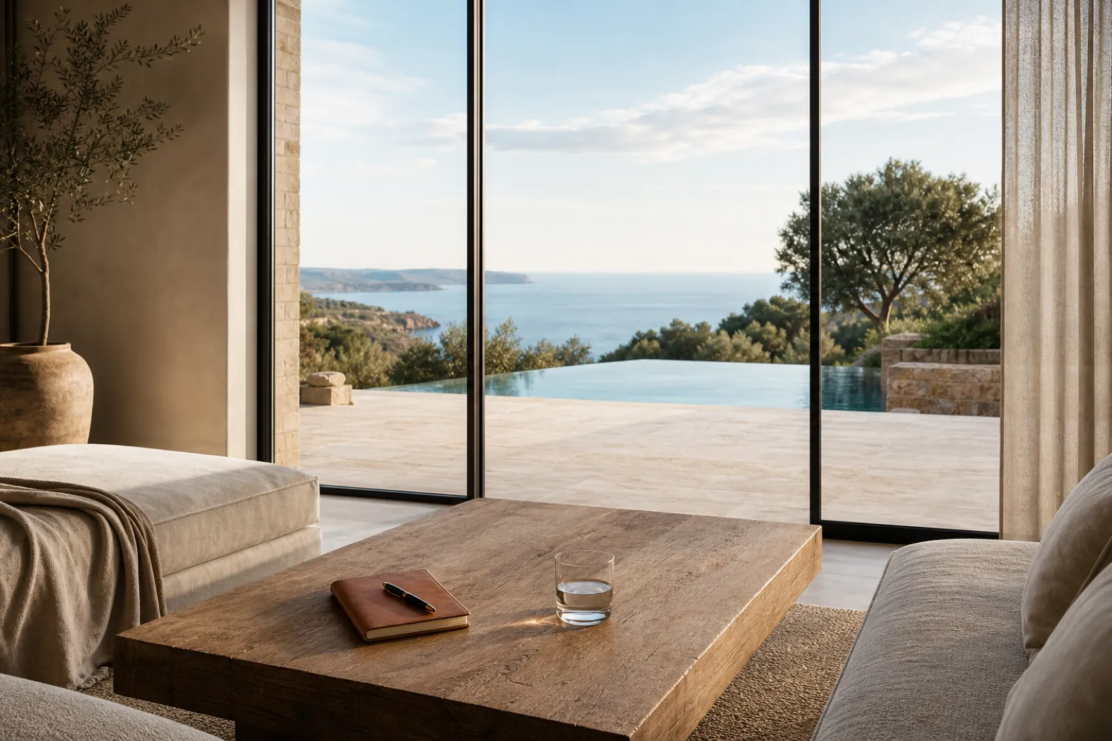 Wohnzimmer einer mediterranen Villa mit Meerblick und Notizbuch auf einem Holztisch