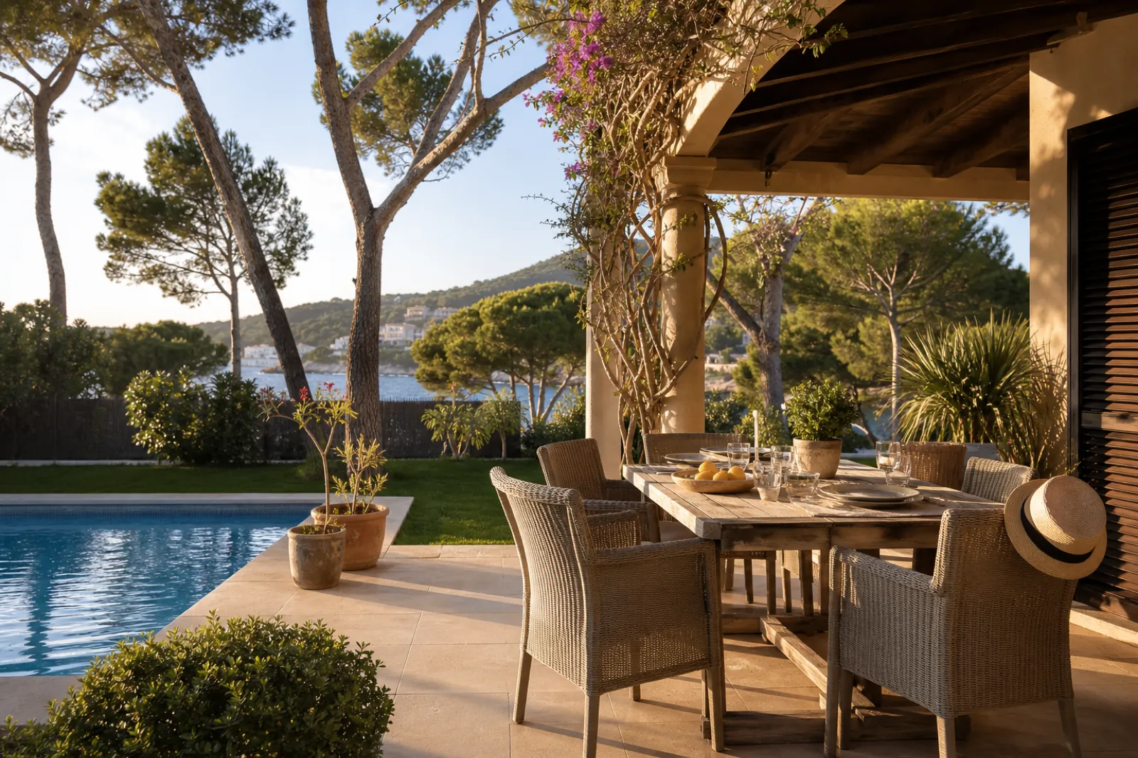 Terrasse einer Familienvilla in Santa Ponsa mit Pool, Garten und Strohhut auf einem Stuhl