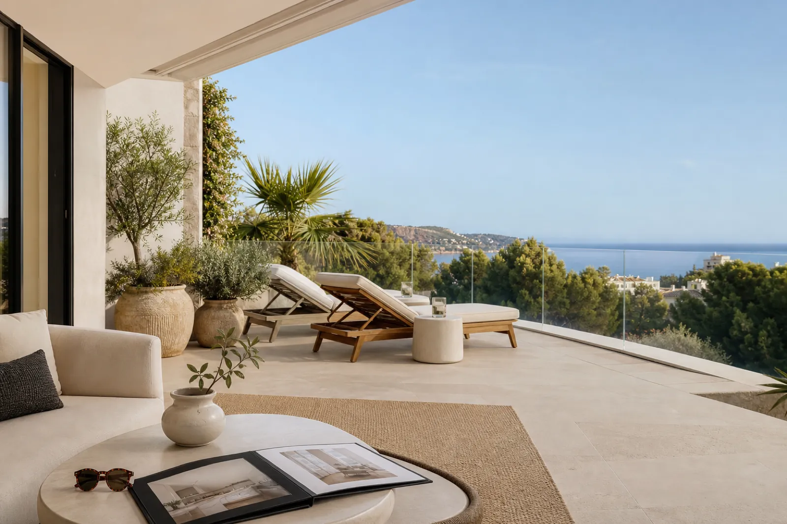 Elegante Terrasse in Bendinat mit Meerblick und Dossier auf dem Tisch