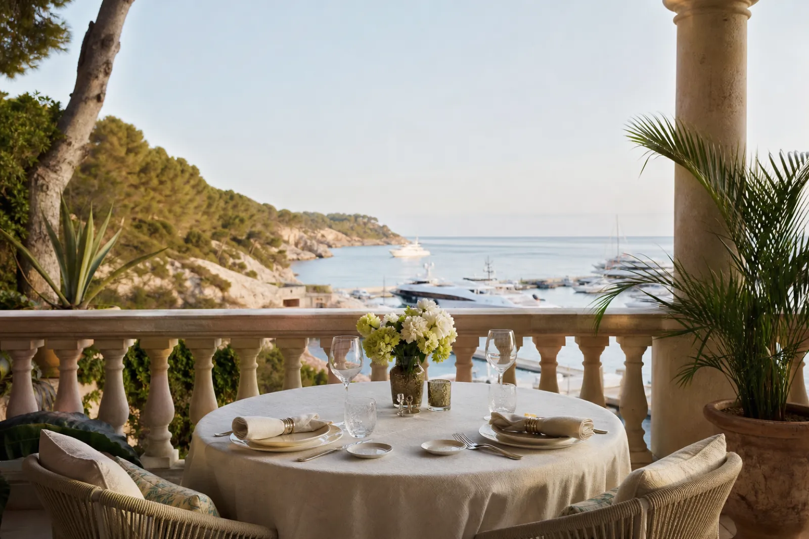 Elegante mediterrane Terrasse nahe Port Adriano mit gedecktem Tisch und Meerblick