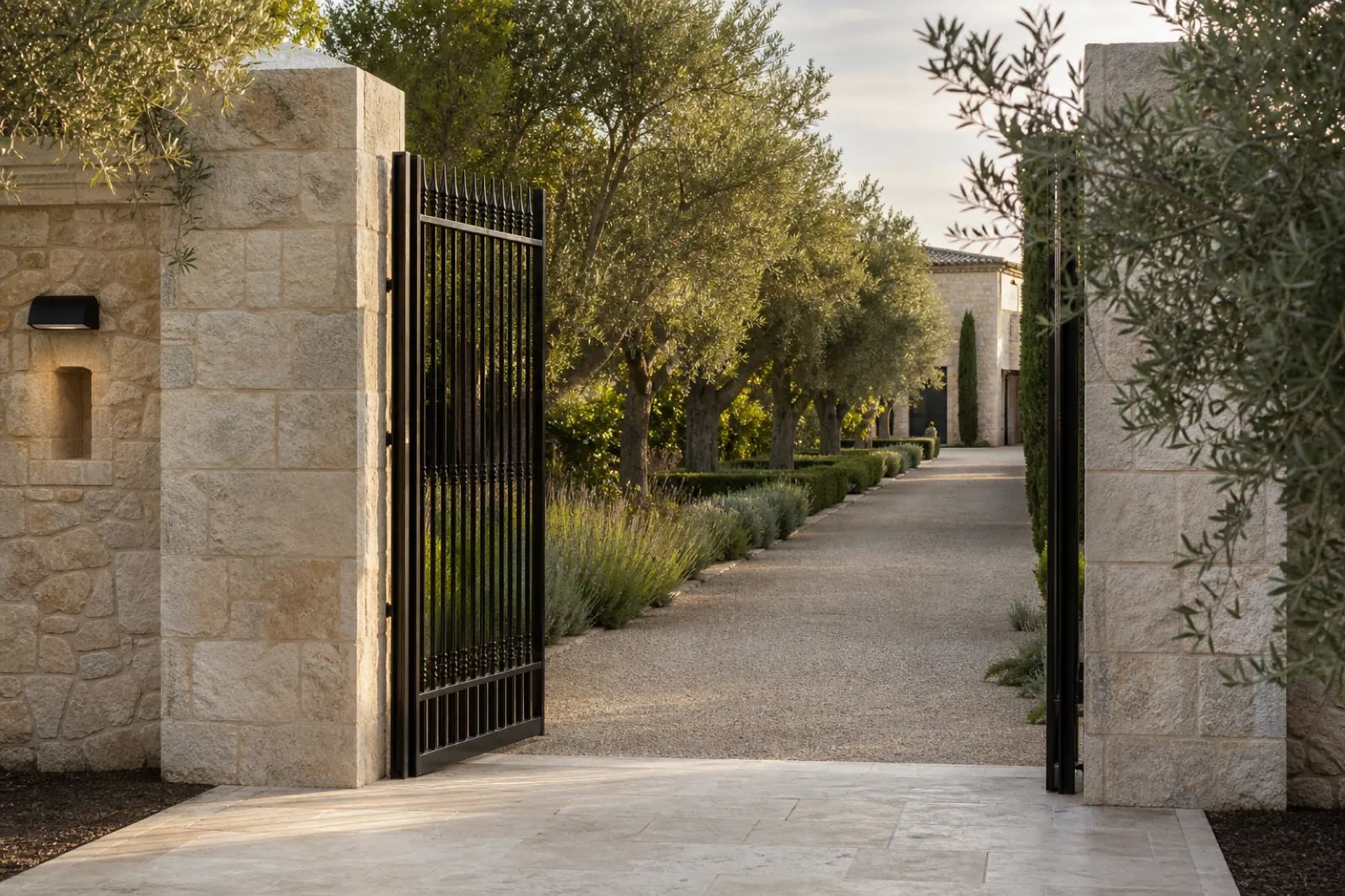 Privater Eingang einer Luxusvilla auf Mallorca mit Eisentor und gepflegten Olivenbäumen