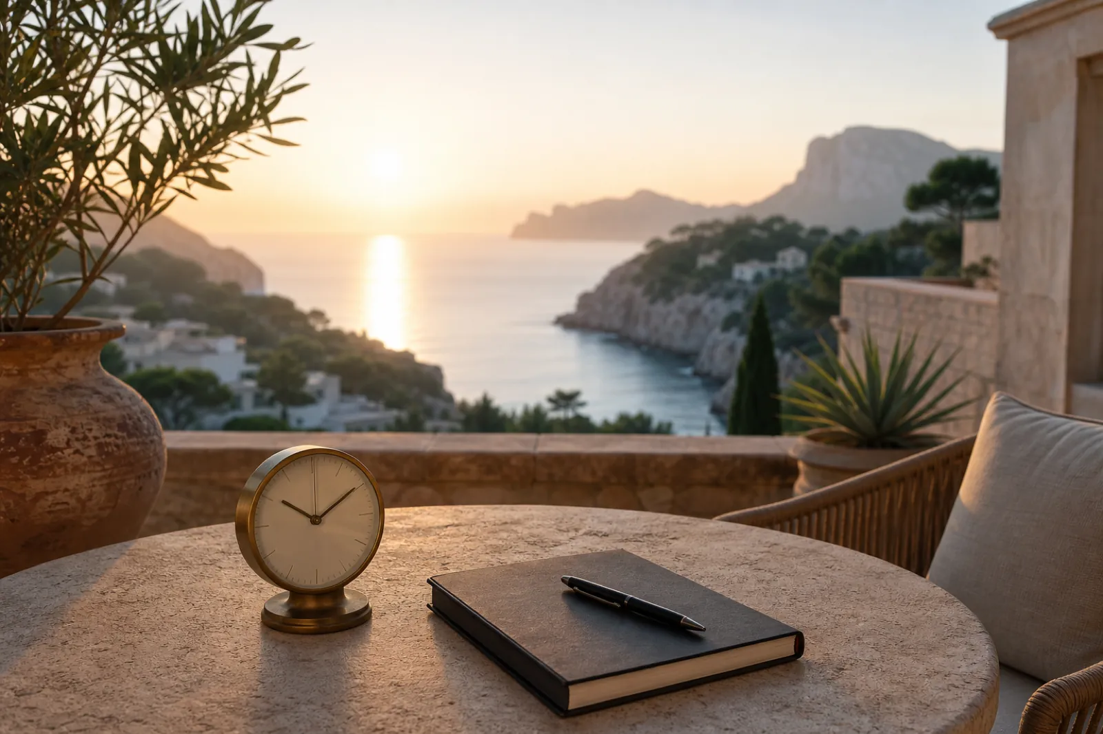 Messinguhr und Notizbuch auf mediterraner Terrasse mit Meerblick bei Sonnenaufgang