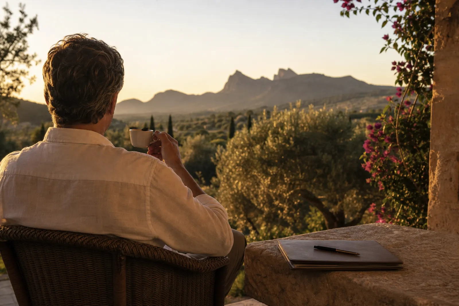 Eigentümer am Abend auf einer Mallorca-Terrasse mit Notizen auf dem Tisch