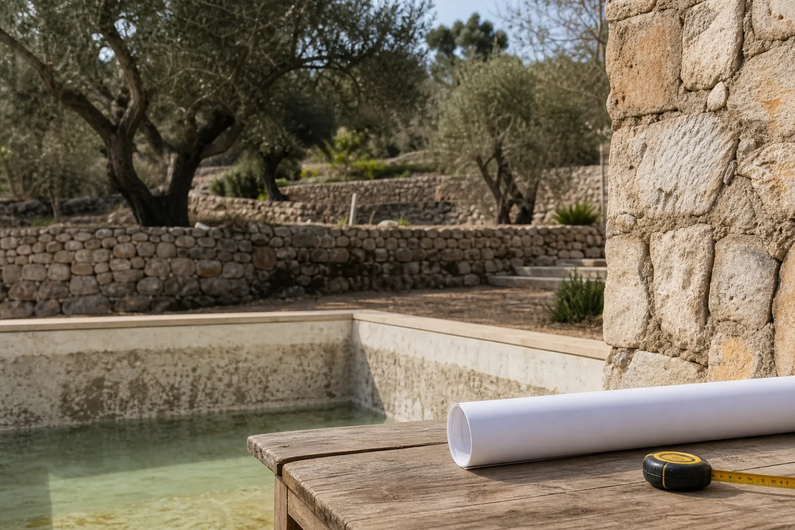 Rustikale Finca auf Mallorca mit Pool, Steinmauer, Olivenbäumen und technischem Plan auf einem Tisch