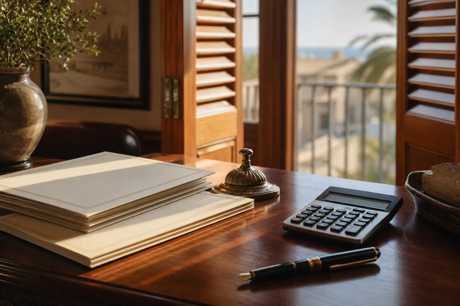 Steuerberatungstisch mit Mappen, Rechner und Füller neben mallorquinischem Fenster
