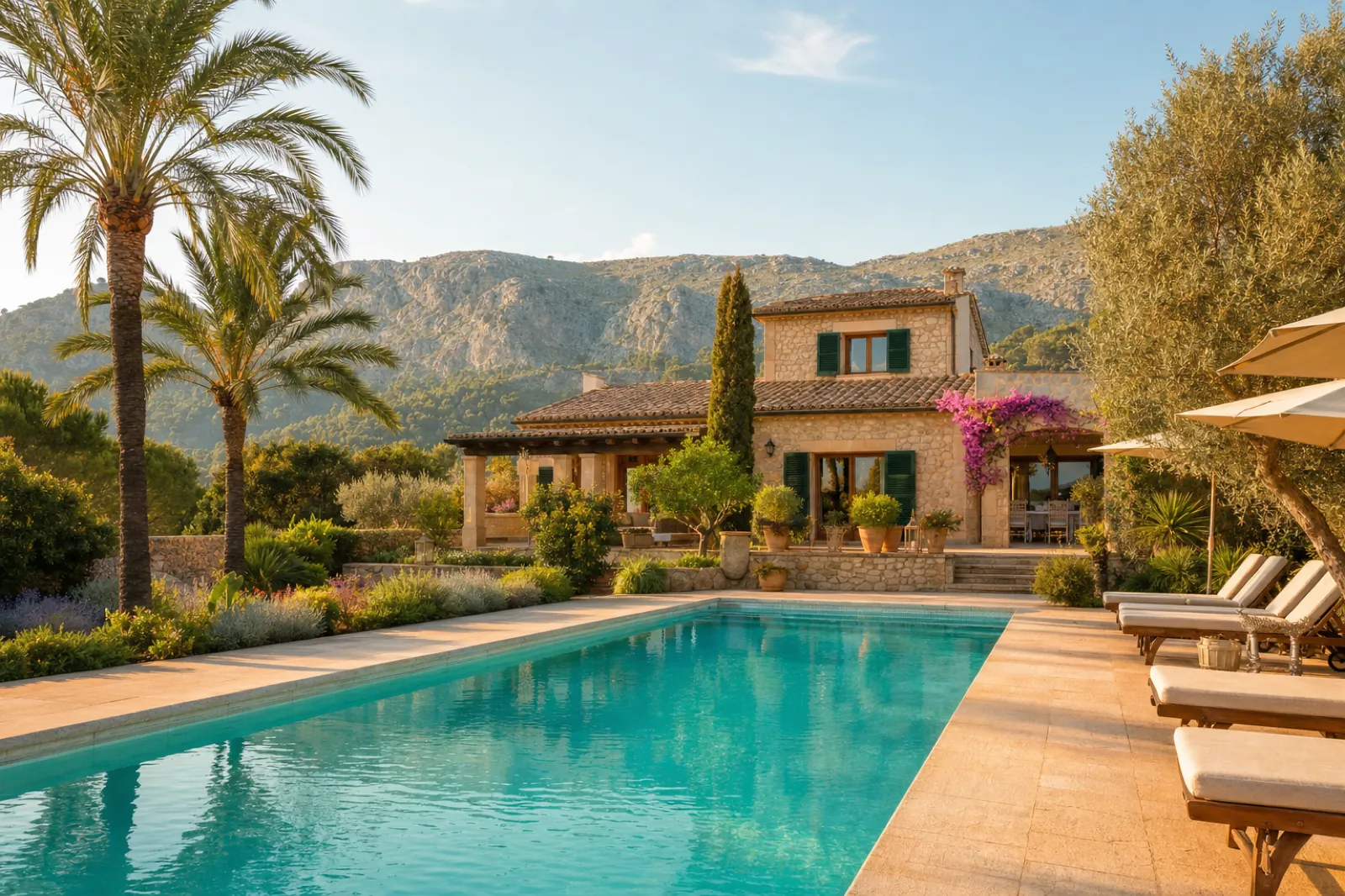 Villa mit Pool in Pollensa, Mallorca, mit Sonnenschirmen und Palmen