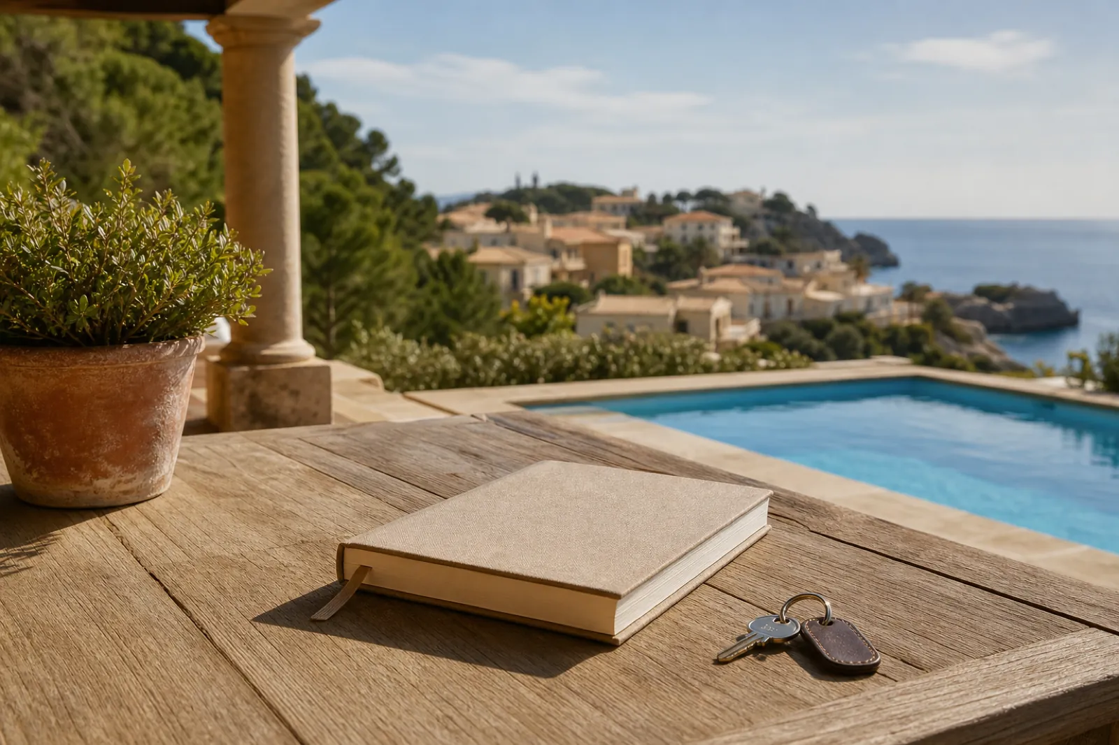 Terrasse eines Ferienhauses auf Mallorca mit Pool, Schlüsseln und geschlossenem Gästebuch