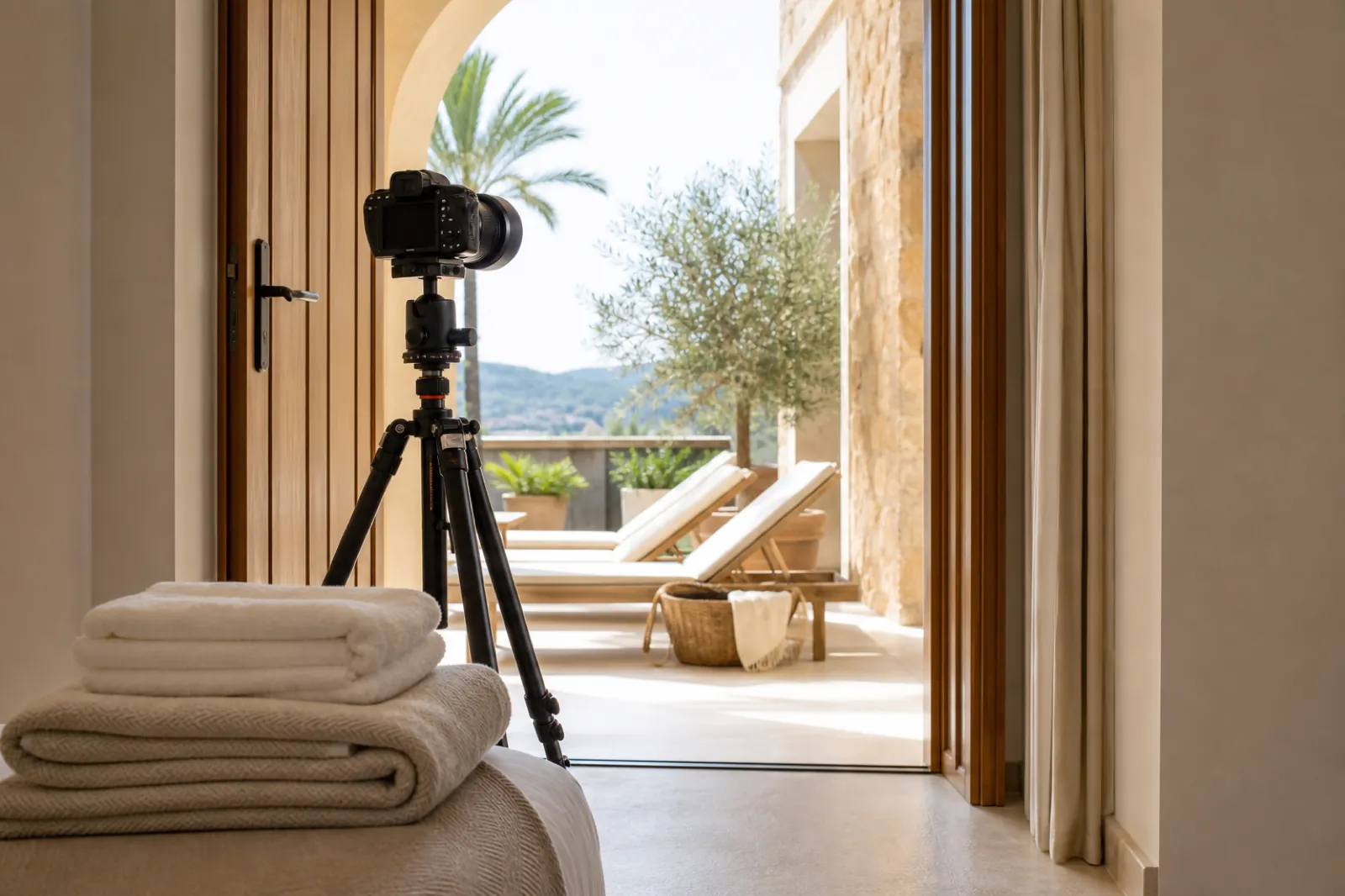 Professionelle Kamera auf Stativ für Fotos einer mediterranen Villa auf Mallorca