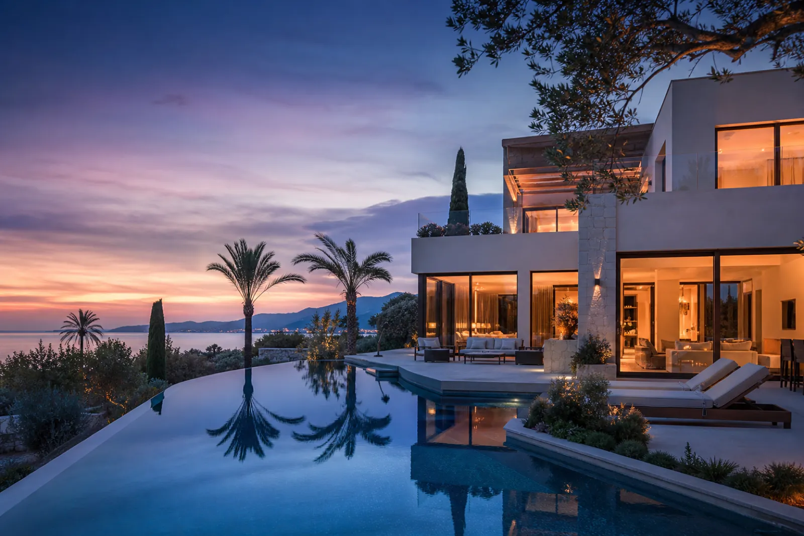 Luxusvilla mit Infinity-Pool bei Abenddämmerung auf Mallorca