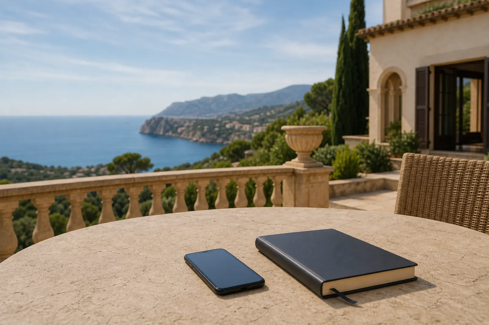 Telefon und geschlossenes Notizbuch auf einer Villenterrasse auf Mallorca mit Meerblick