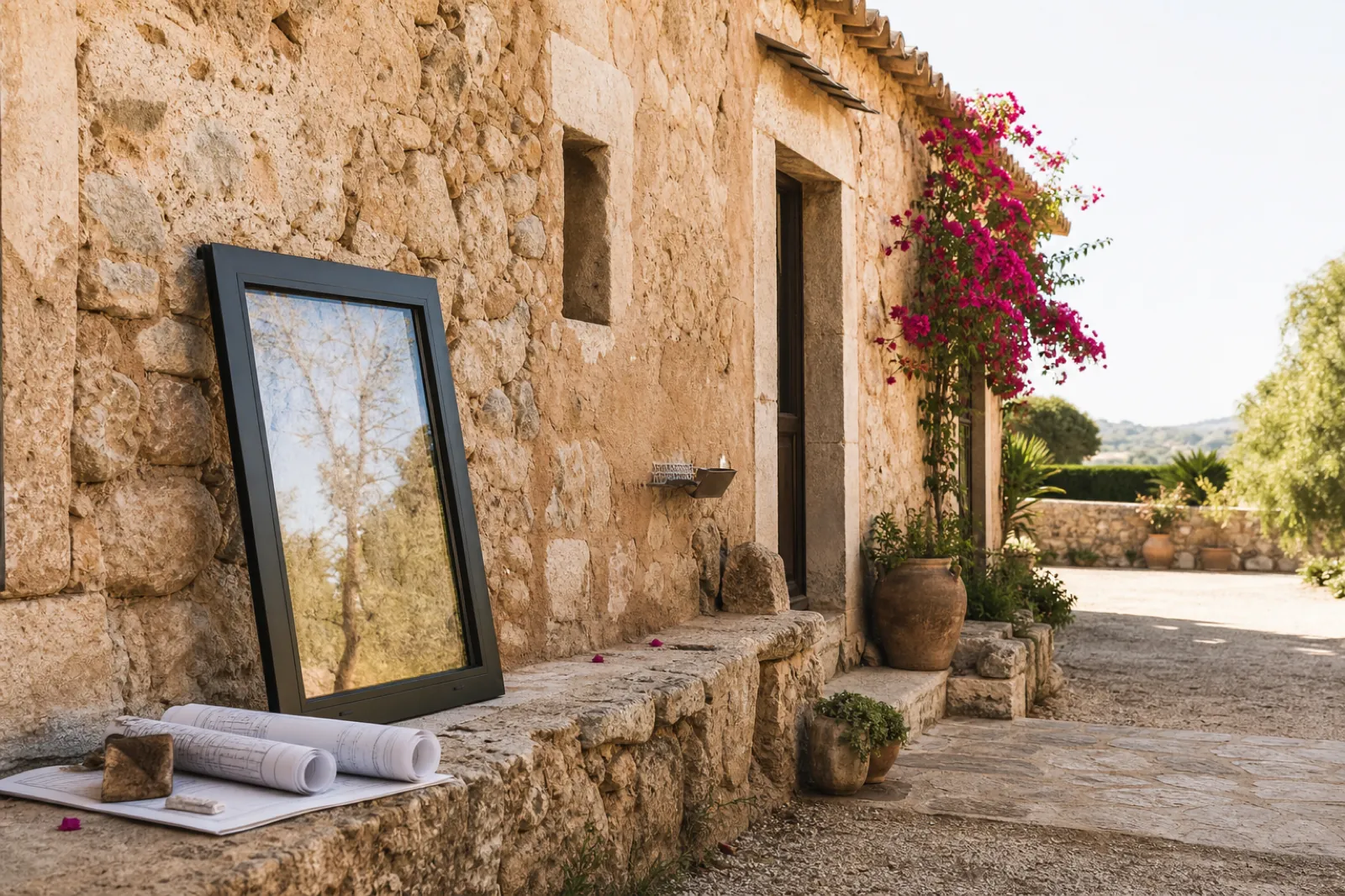 Steinfassade auf Mallorca mit Sanierungsplänen und Fensterprobe