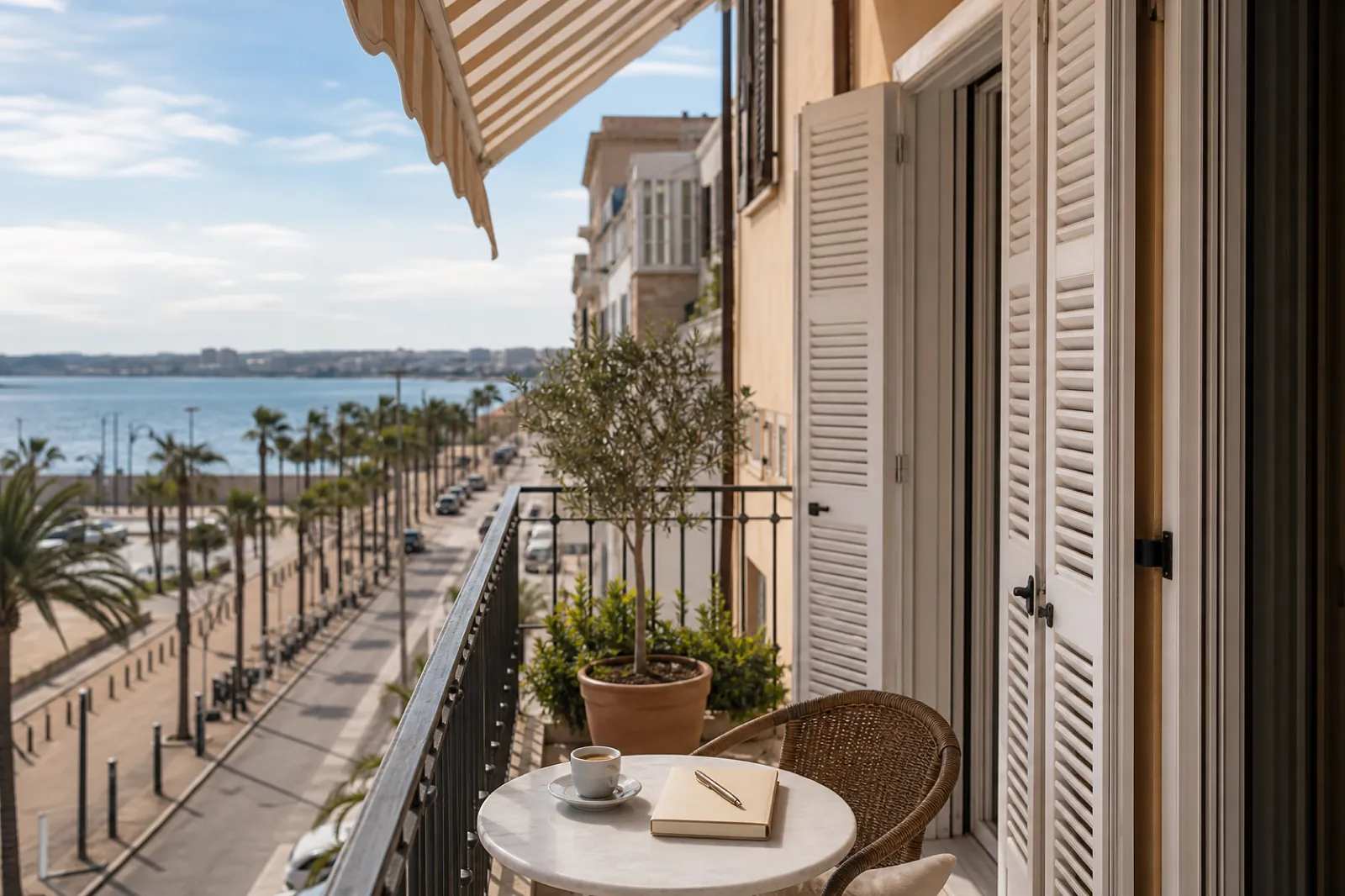 Balkon einer Wohnung in Portixol mit Blick auf die Promenade und Notizbuch auf dem Tisch