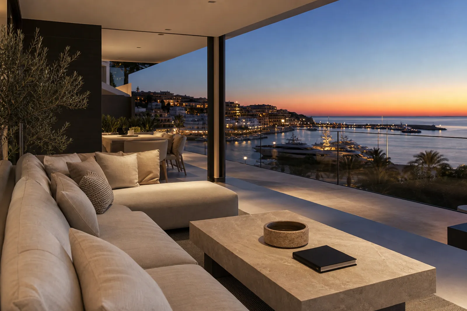 Terrasse eines Luxus-Apartments nahe Puerto Portals mit Marina-Lichtern in der Dämmerung
