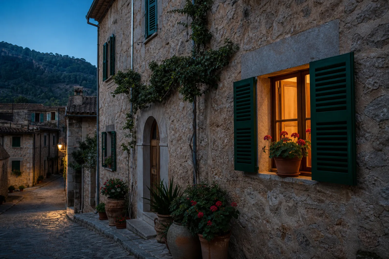 Altes Steinhaus in Valldemossa mit grünen Fensterläden und warmem Abendlicht