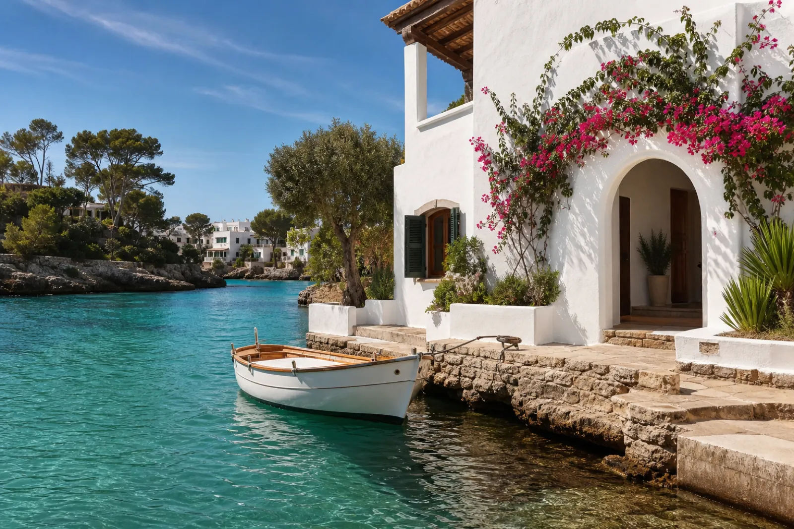Weißes Haus am Wasser in Cala d'Or mit kleinem Boot, Bougainvillea und türkisfarbenem Wasser