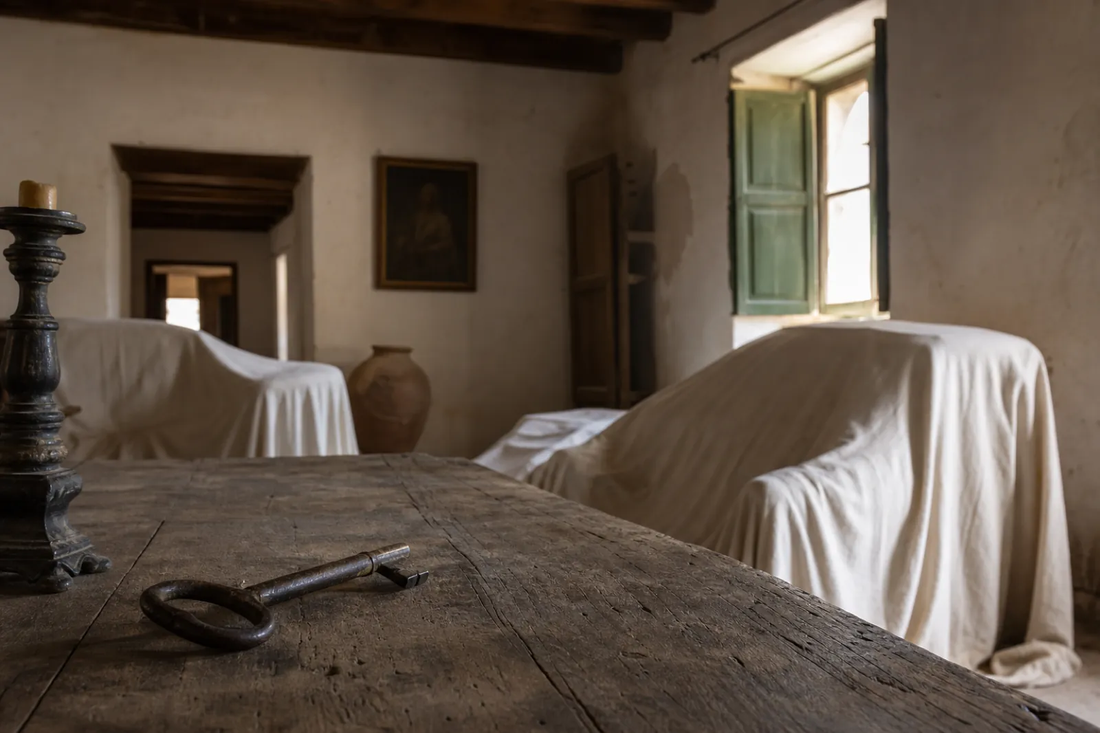 Inneres eines alten geerbten mallorquinischen Hauses mit abgedeckten Möbeln und Schlüssel auf einem Holztisch