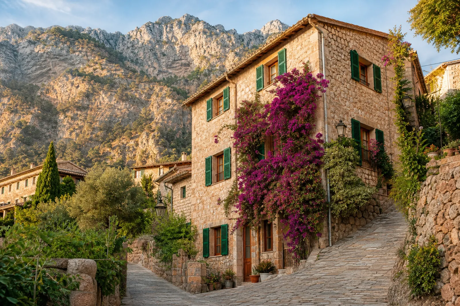 Steinhaus in Deià mit Bougainvillea und Tramuntana-Gebirge im Hintergrund