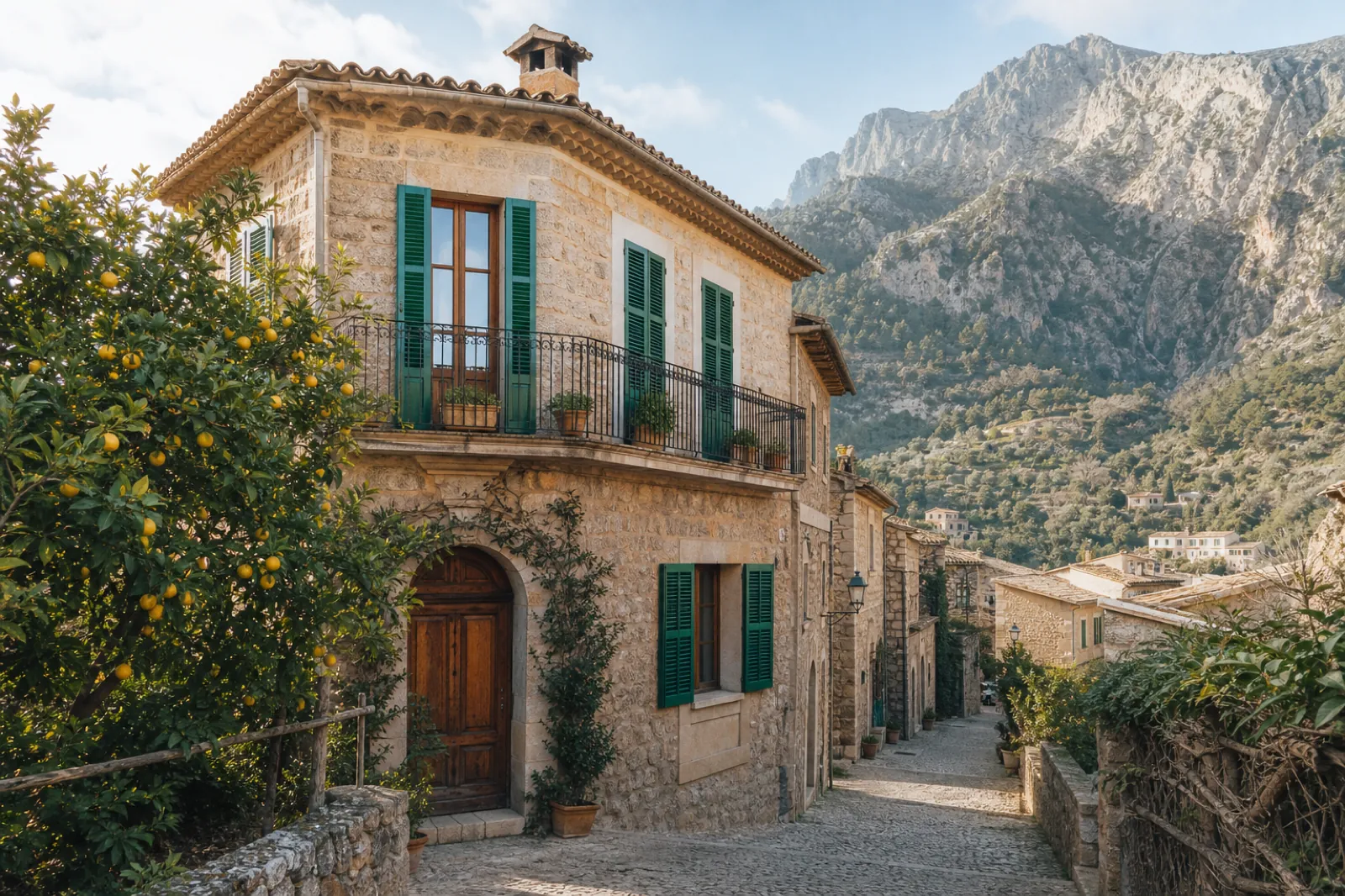 Steinernes Stadthaus mit grünem Balkon in Sóller, Tramuntana im Hintergrund