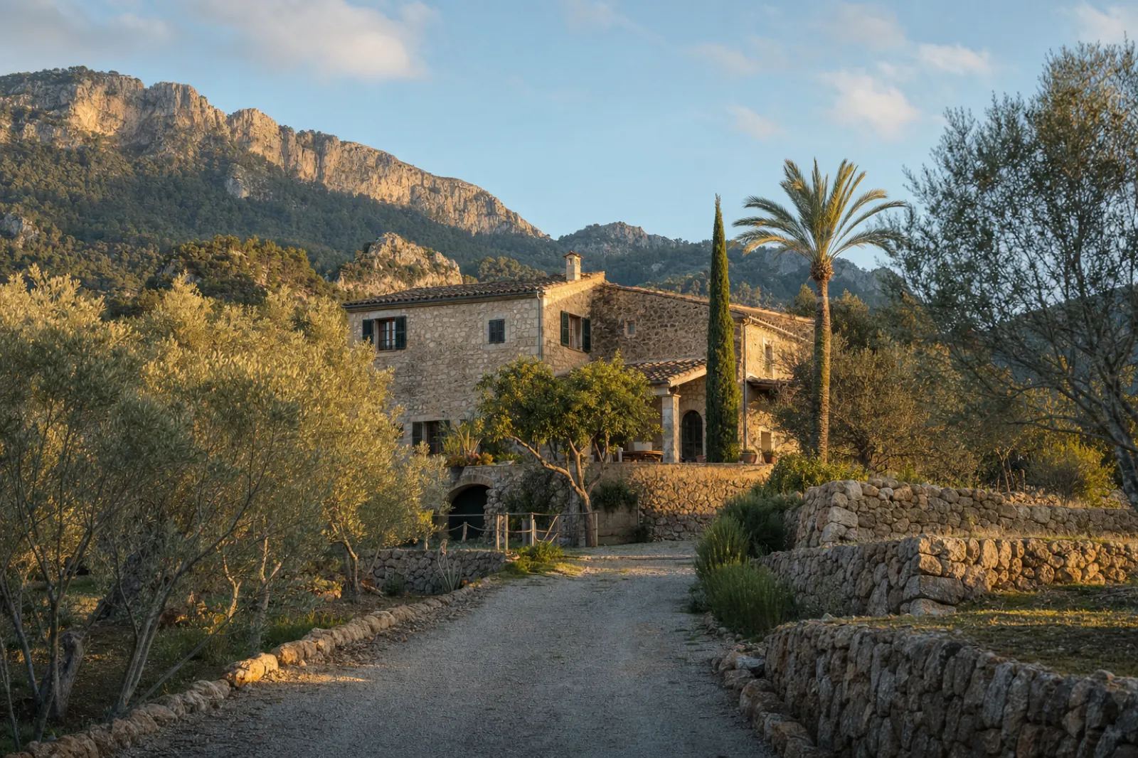 Rustikale Finca in Alaró mit Steinhaus, Olivenbäumen und Tramuntana-Bergen
