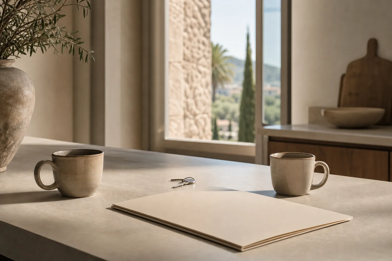 Zwei Kaffeetassen, ein Schlüssel und eine geschlossene Mappe auf einer Kücheninsel auf Mallorca