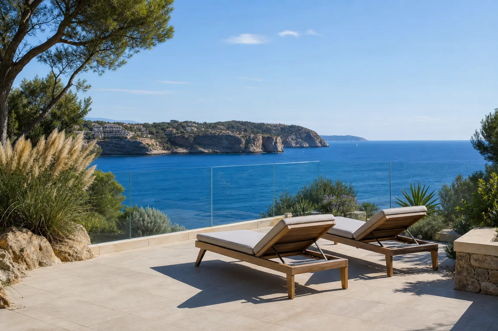 Terrasse mit Liegen in El Toro oder Nova Santa Ponsa mit Meer- und Klippenblick