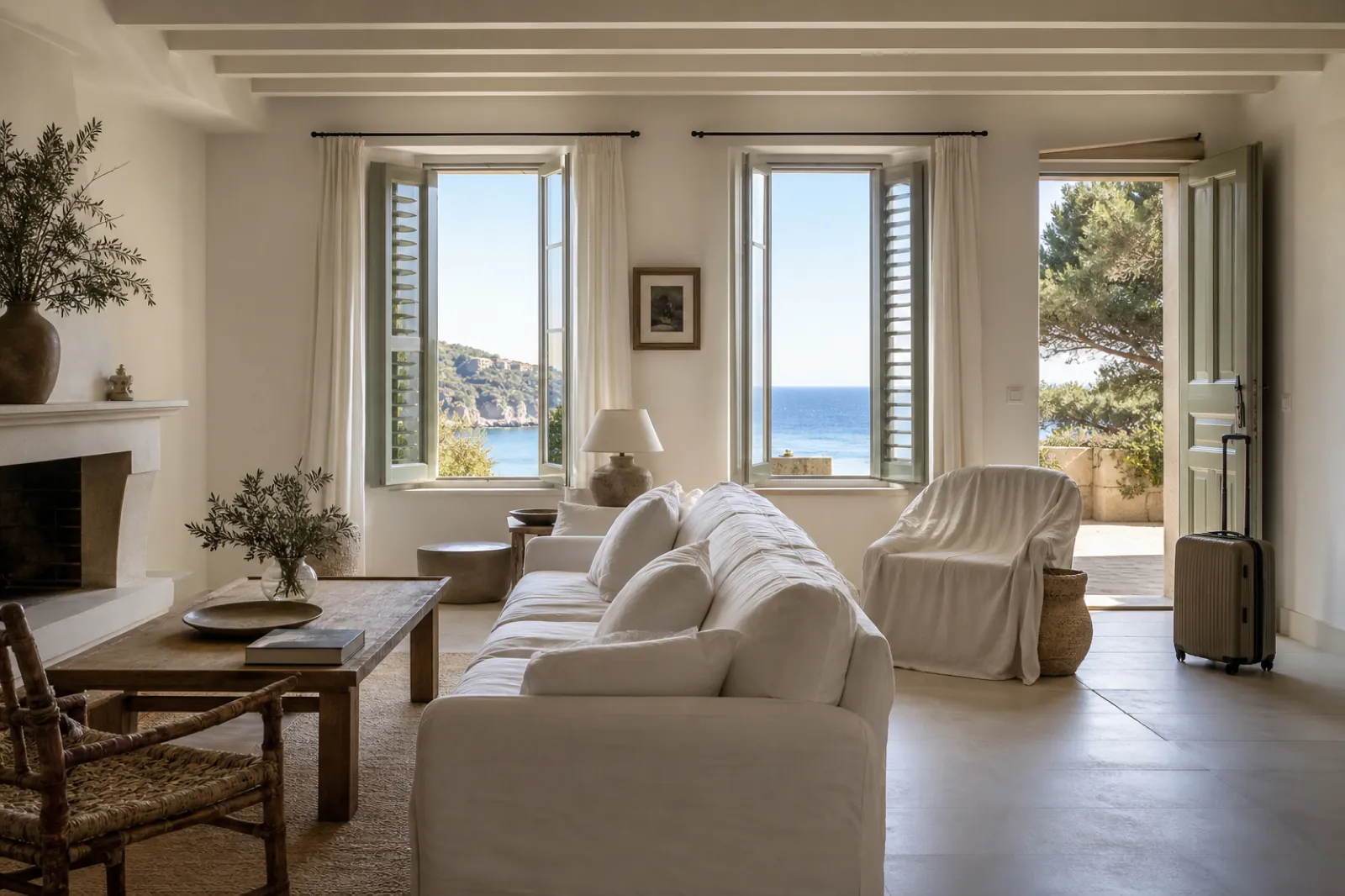 Helles Wohnzimmer eines Zweitwohnsitzes auf Mallorca mit offenen Fenstern zum Meer und geschlossenem Koffer