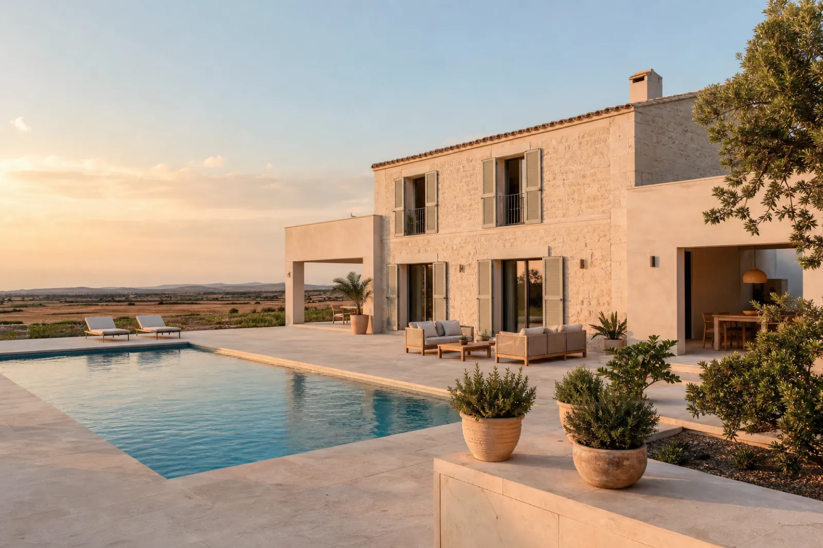 Renovierte Villa in Llucmajor mit Pool, hellem Stein und Landschaft im Süden Mallorcas